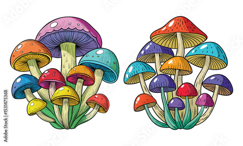 Colorful Magic Mushroom Illustrations - Whimsical Fantasy Fungi Art