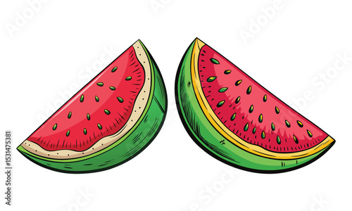 Fresh Red Watermelon Slices Cartoon - Juicy Summer Fruit Illustration with Seeds
