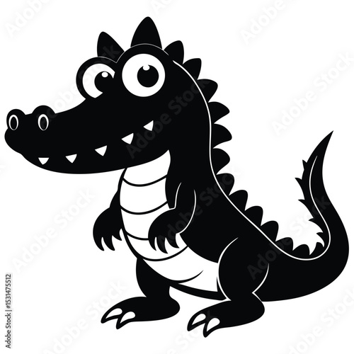 Black stylized alligator is standing with a smile and staring with big eyes