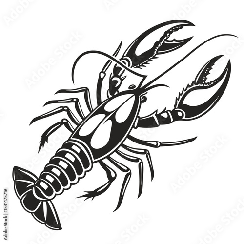 Bold black and white illustration of a lobster showcases striking seafood art