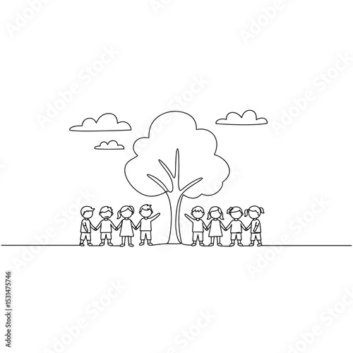 Line art of children holding hands around a tree outdoors  