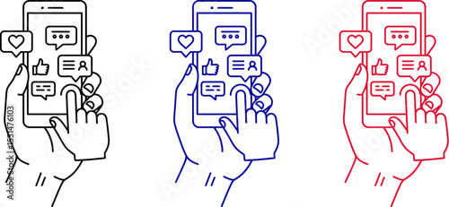 Illustration of hand using mobile phone for social media marketing and digital communication design editable stock vector illustration
