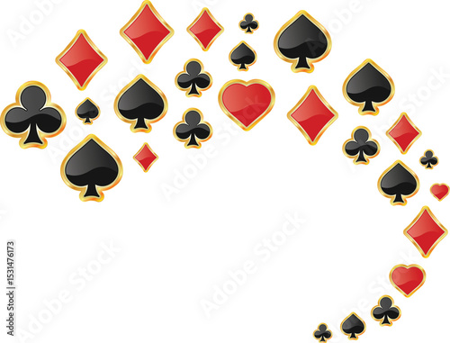 Crayon drawn poker card suits: hearts, clubs, spades and diamonds. Hand drawn vector card suite elements isolated on white background. Red and black playing symbols. Pencil or chalk doodle drawing.
