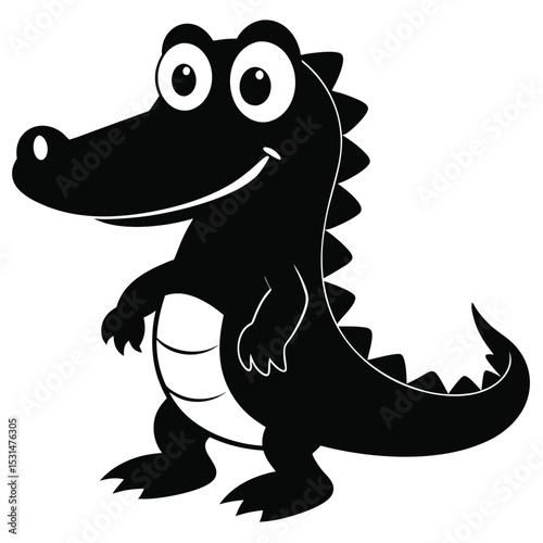 Cartoon alligator smiles cheerfully, standing upright on white background, its skin black