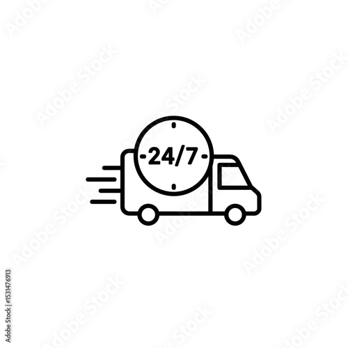 Delivery truck icon with 24/7 clock symbol for fast service  