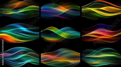 Twelve vibrant, multicolored, flowing wave forms on a black background, arranged in a grid.  Each wave is unique in color and subtle curvature