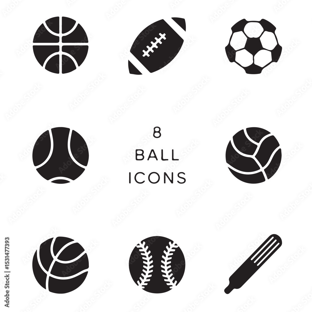 Fototapeta premium A comprehensive vector set of sports icons featuring various balls for football, basketball, soccer, tennis, and more, ideal for game and equipment illustrations