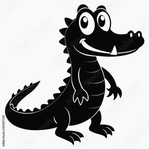Cheerful black cartoon alligator displays large, expressive eyes and a friendly, inviting smile