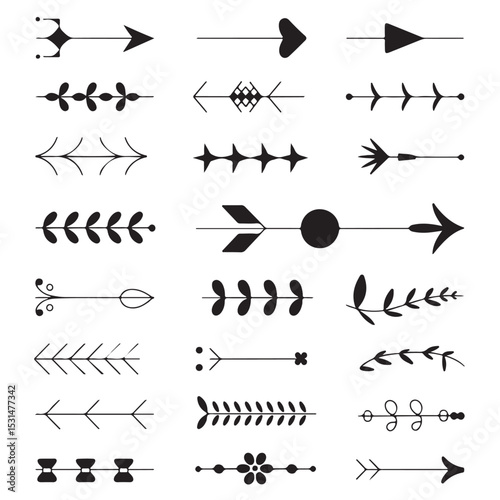 Set of vector arrows, seamless pattern with calligraphic swirls and ornate retro design elements for borders and frames
