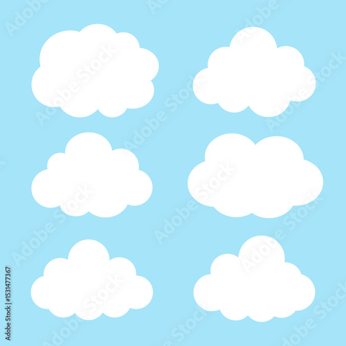 White clouds set in cute cartoon flat style on pastel blue background vector illustration. Clouds for decoration. Clouds elements for newborn, nursery, stickers