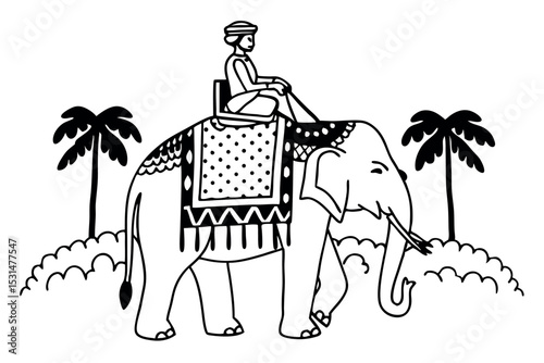 Indian man on elephant vector illustration, traditional procession scene with ethnic design elements