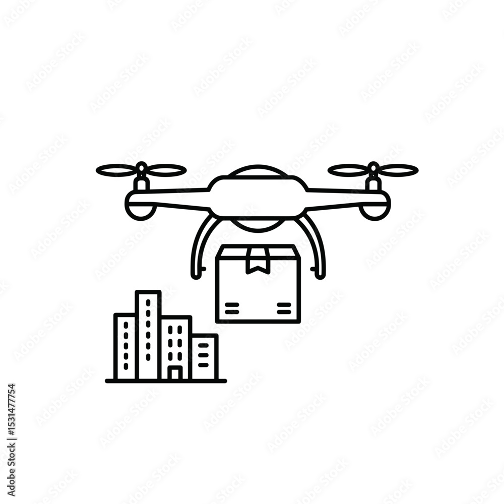 Drone delivering package over urban cityscape in minimalist style Drone delivering package over urban cityscape in minimalist style
