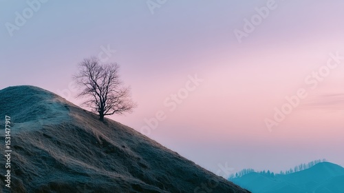 Minimal Landscape with Gentle Hills and Lone Tree under a Pastel Sunset Sky