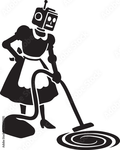 1950s housewife robot vacuuming a black hole