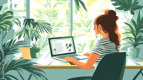 Woman Working on Laptop Surrounded by Lush Green Plants in Sunlit Room