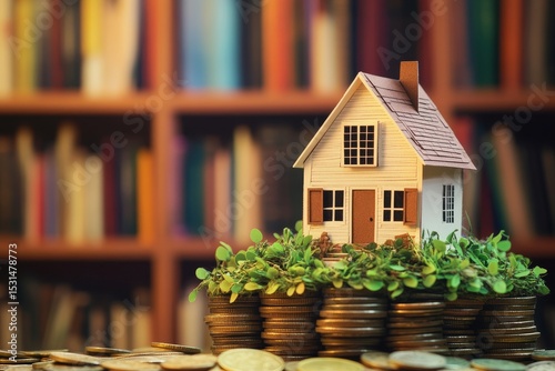 The concept of home financing is illustrated by a small model house balanced on stacks of coins, representing a loan for a first-time homebuyer