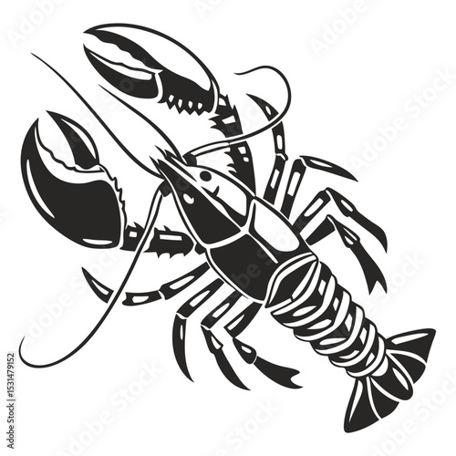 Detailed black and white lobster shows off its large claws and curving antennae