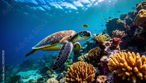 Brightly Colored Sea Turtle Swimming Among Vibrant Coral Reefs in Crystal Blue Ocean