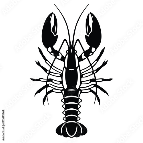 Detailed black crawfish illustration shows prominent claws and segmented body against a white background