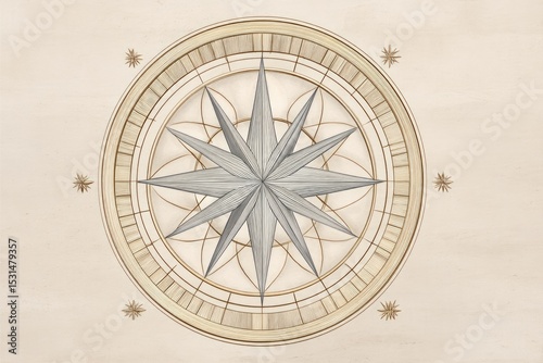 Celestial Diagram Illustrating a Complex Compass Rose Design With Intricate Star Points Surrounded by Elegant Geometric Patterns, Showcasing Celestial Navigation Principles and Artistic Craftsmanship