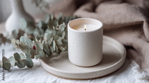 Minimalist Scented Candle on Stone Tray with Eucalyptus Leaves in Soft Diffused Light