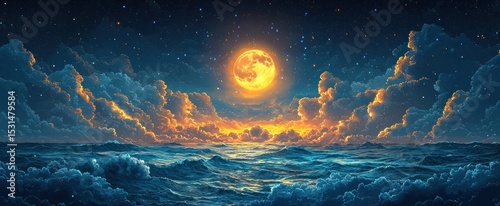 Wallpaper Mural Vast ocean landscape under a large, golden moon Torontodigital.ca