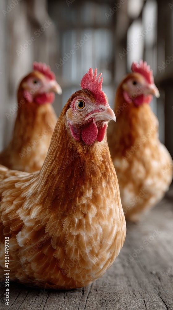 Fototapeta premium Three brown heritage chickens on white background