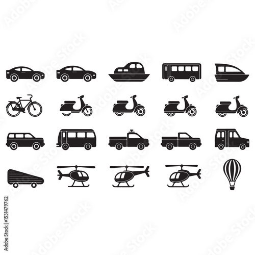 Vector set of diverse transportation icons including cars, trucks, buses, and vans, perfect for illustrating road traffic and vehicle collections