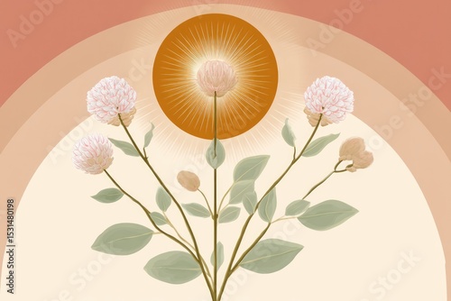 Herbal Design Featuring Blooming Flowers With Radiant Sun Against a Soft Pastel Background