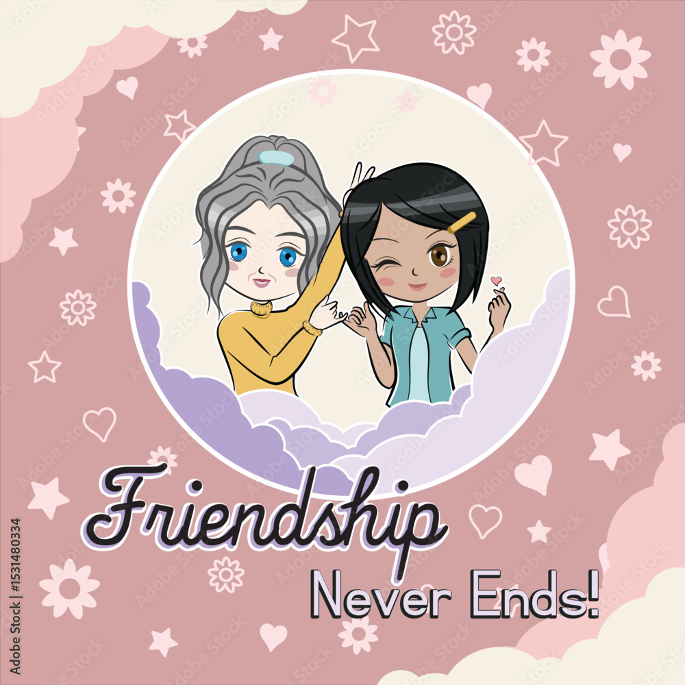 This charming illustration depicts the beautiful bond of intergenerational friendship between a young person and an older individual. Both characters are rendered in a cute chibi-style. This charming illustration depicts the beautiful bond of intergenerational friendship between a young person and an older individual. Both characters are rendered in a cute chibi-style.