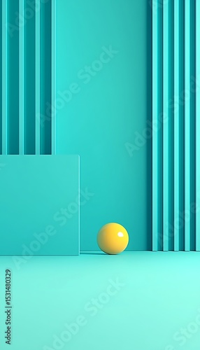 Teal geometric shapes, yellow sphere