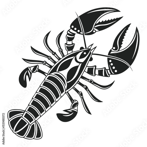 Detailed shows a black and white lobster with large claws ready to eat