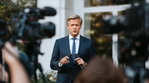 An articulate man in a suit takes questions at a press conference, surrounded by broadcast journalists and recording gear, with the commotion of blurred photographers and notetaker