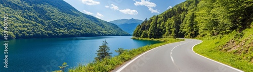 Scenic Lake and Winding Road, Mountain View, Summer Drive, Landscape Photography, lake road, summer road trip