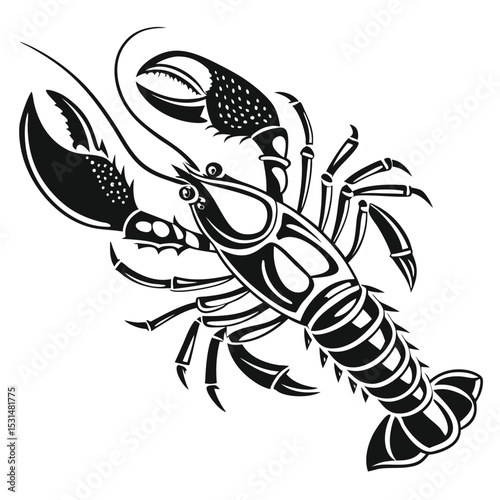 Graphic, monochrome illustration features a detailed lobster with prominent claws and segmented body