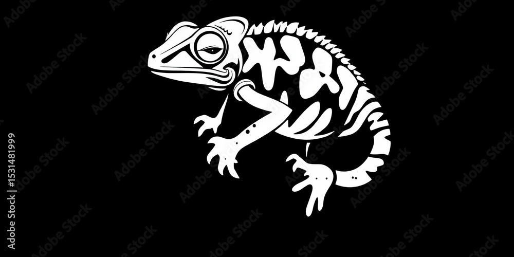 Fototapeta premium Bold black & white stylized art of playful chameleon with curled tail; symbol of vibrant change and adaptability, design, curled