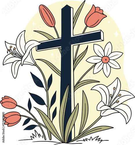 easter cross with spring flowers religious theme