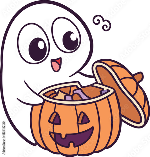 cute ghost with pumpkin full of halloween candy