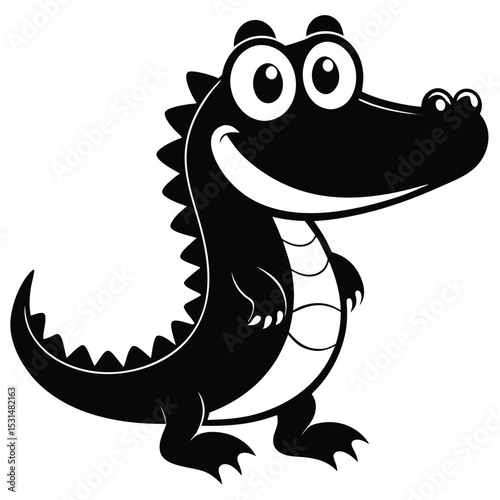 Happy cartoon alligator smiles cheerfully while standing upright, presented in simple black and white style