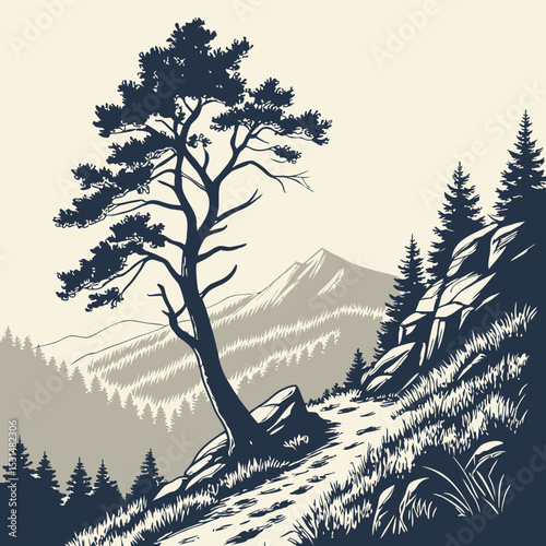 Mountain with pine trees and landscape black on white background. Hand drawn rocky peaks in sketch style. Vector illustration.