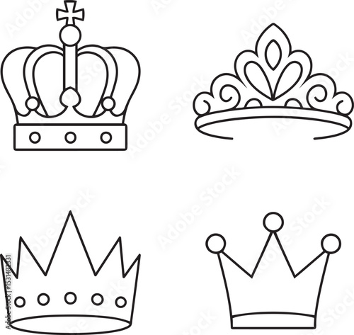 Four elegant crown outline icons set, royal, princess, and king headwear symbols