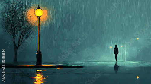 Rainy Night Serenade: A lone silhouette navigates a rain-slicked street illuminated by a solitary streetlight, evoking a sense of solitude and reflection amidst the urban ambiance.