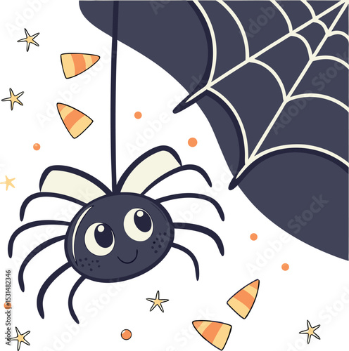 cute spider hanging on web with candy halloween art