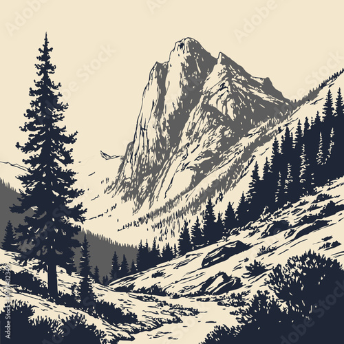 Mountain with pine trees and landscape black on white background. Hand drawn rocky peaks in sketch style. Vector illustration.