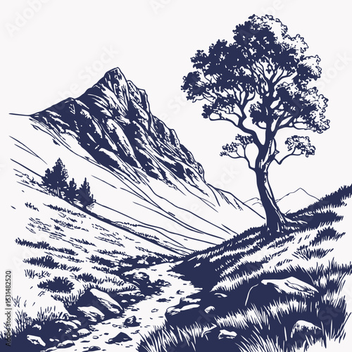 Mountain with pine trees and landscape black on white background. Hand drawn rocky peaks in sketch style. Vector illustration.