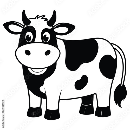 Happy cartoon cow with black spots stands cheerfully in full view on farm