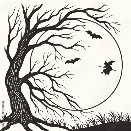witch flying with bats and tree under full moon night
