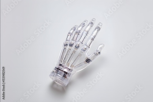 Transparent bionic hand with intricate details, symbolizing prosthetics, advanced robotics, medical innovation, and the future of human augmentation and healthcare.