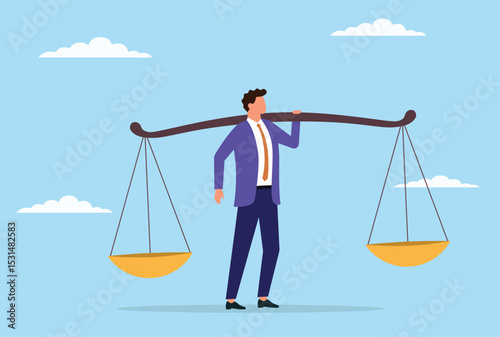Vector illustration of a businessman standing with a large balance scale on his shoulder, representing the burden of justice, responsibility, and balanced leadership in business
