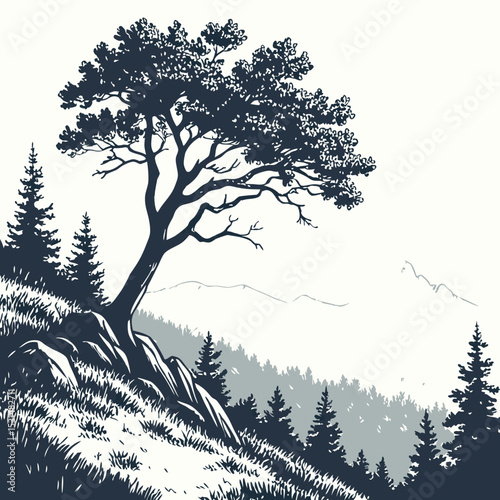 Mountain with pine trees and landscape black on white background. Hand drawn rocky peaks in sketch style. Vector illustration.